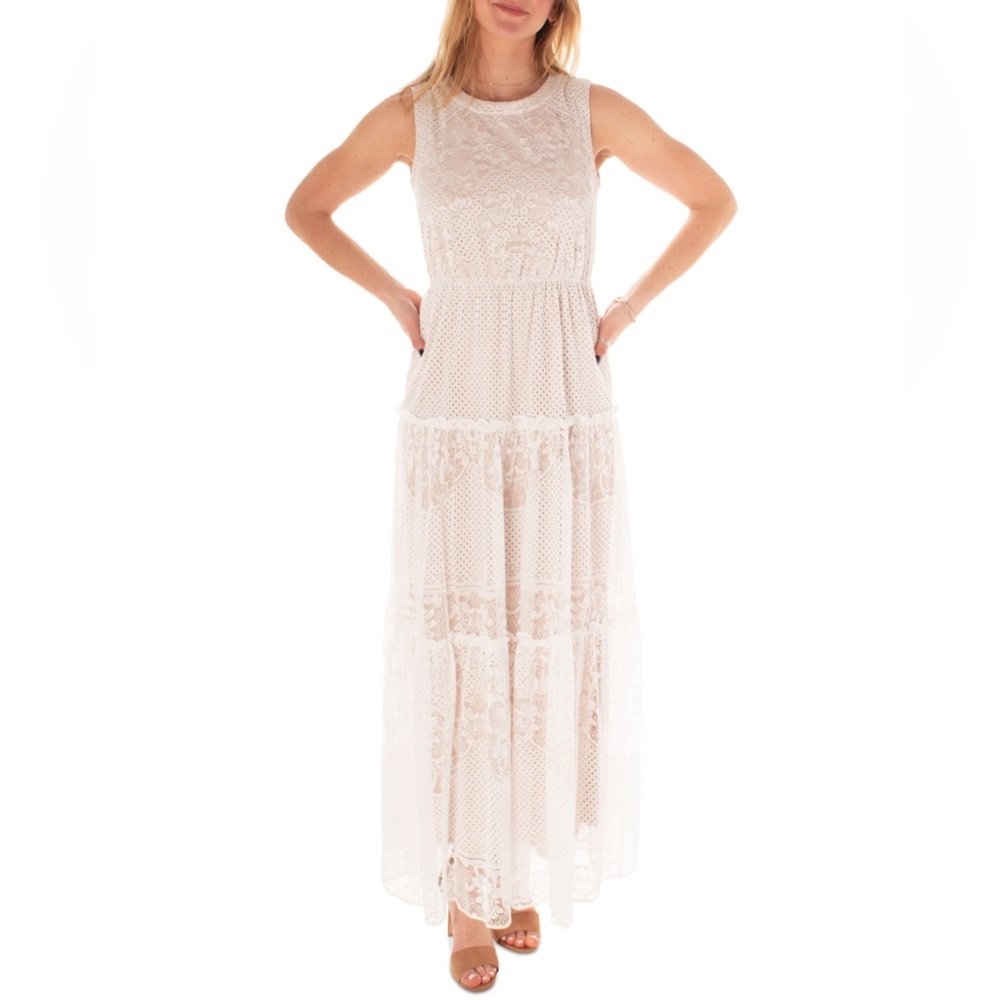 MAISON TARA Round-Neck Tiered Lace Maxi Dress Sz 4